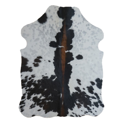 Tricolor cowhide rug, 4' x 3', shown on white background (SS-TRI-048)
