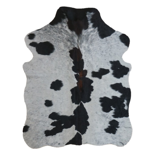 Tricolor cowhide rug, 4' x 3', shown on white background (SS-TRI-050)