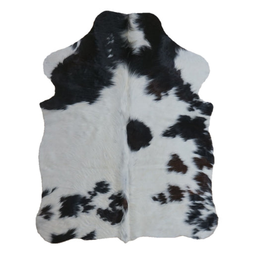Tricolor cowhide rug, 4' x 3', shown on white background (SS-TRI-062)
