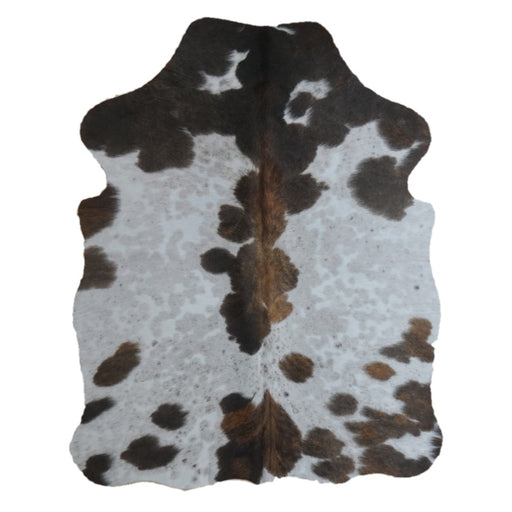 Tricolor cowhide rug, 4' x 3', shown on white background (SS-TRI-063)