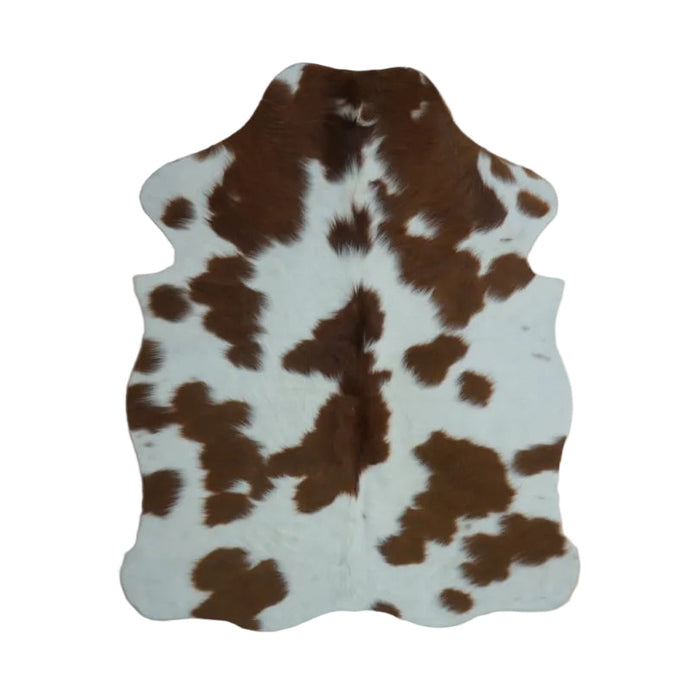 Brown and White cowhide rug, 4' x 3', shown on white background (SS-BRW-003)