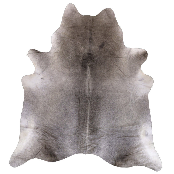 A natural grey cowhide rug shown flat against a white background.
