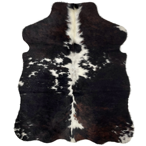 XS Dark Tricolor Cowhide:  mostly black, with dark brown mixed in, white down the spine, and a few white spots across the back and on the shanks - 4'6" x 3'5" (XS215)
