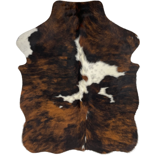XS Tricolor Cowhide:  has a black and brown, brindle pattern, with one large and two small white spots that have faint, black speckles in them, and white on the left fore shank - 4'5" x 3'5" (XS222)