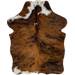 XS Tricolor Cowhide:  has a brown and black, brindle pattern, and white with black speckles on the neck, shoulder and left shanks - 4'5" x 3'3" (XS236)