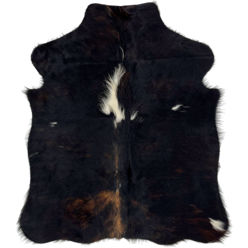 XS Dark Tricolor Cowhide:  mostly black, with a little brown mixed in, and it has three small, white spots across the middle, and a large, white spot on the spine, with longer hair - 4'5" x 3'6" (XS256)