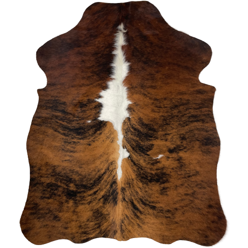 XS Tricolor Cowhide:  has a brown and black, brindle pattern, and white down the spine - 4'4" x 3'3" (XS287)