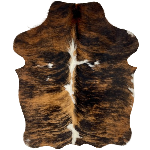 XS Tricolor Cowhide:  has a black and brown, brindle pattern, with a few small, white spots, and white down part of the spine - 4'5" x 3'4" (XS301)