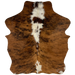 XS Tricolor Cowhide:  has a brown and black, brindle pattern, with off-white spots down the middle - 4'4" x 3'7" (XS308)