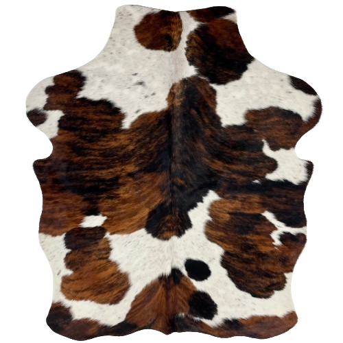 XS Speckled Tricolor Cowhide:  white, with black speckles, and it has large and small spots that have a brown and black, brindle pattern - 4'4" x 3'4" (XS314)