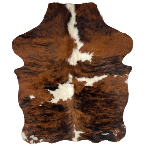 XS Tricolor Cowhide:  has a brown and black, brindle pattern, and a few large and small, white spots - 4'5" x 3'5" (XS318)