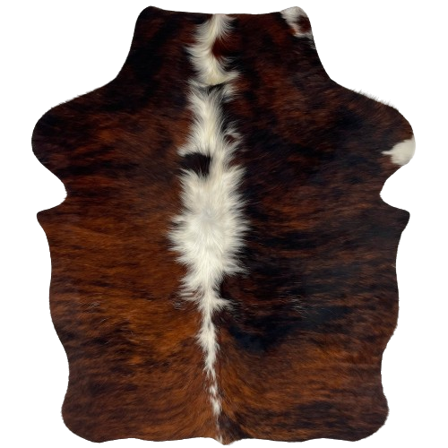 XS Tricolor Cowhide:  has a black and reddish brown, brindle pattern, with white down the middle - 4'5" x 3'5" (XS321)
