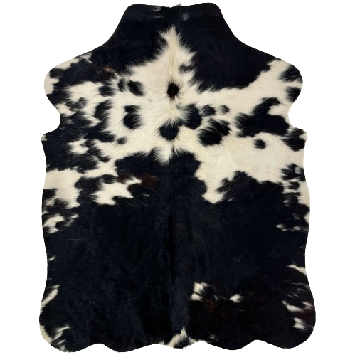 XS Black and White Cowhide:  black, with a few small, white spots, on the bottom half of the hide, and white, with black spots on the top half - 4'4" x 3'4" (XS332)
