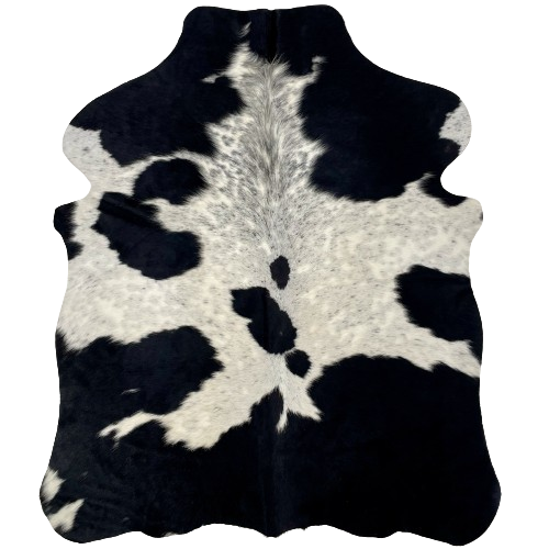 XS Black and White Speckled Cowhide:  white with faint, cloudy speckles, and large and small black spots - 4'4" x 3'4" (XS362)