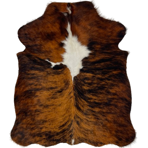 XS Brown and Black Brindle Cowhide:  has a brown and black, brindle pattern with a large, white spot in the middle - 4'5" x 3'4" (XS363)