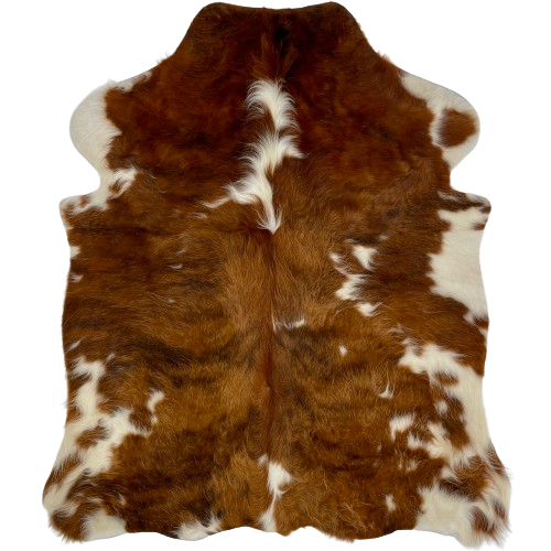XS Brown and Off-White Cowhide, long hair:  has long hair that is a mix of multiple shades of brown, and small and large, off-white spots - 4'4"x 3'4" (XS368)