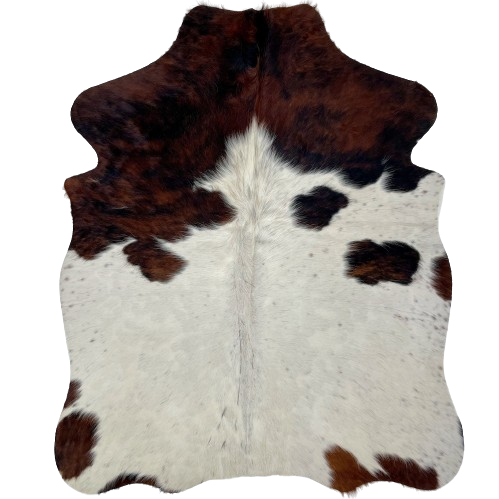 XS Tricolor Cowhide:  white, with some black speckles, a few black and dark brown spots, and a mix of black and dark reddish brown on the shoulder - 4'5" x 3'5" (XS388)