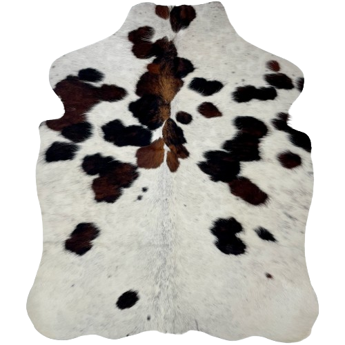 XS Tricolor Cowhide:  off-white with black speckles, and spots that have a mix of black and brown - 4'4" x 3'6" (XS393)