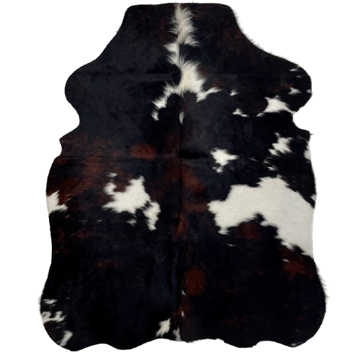 XS Dark Tricolor Cowhide: black with dark brown spots, and large and small white spots - 4'5" x 3'3" (XS471)