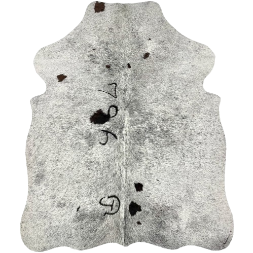 XS Black and White Speckled Cowhide: white with black speckles, a few blackish brown spots, and two brand marks down the middle - 4'4" x 3'4" (XS488)