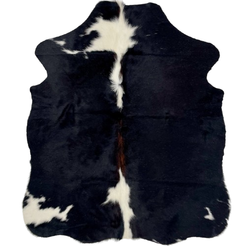 XS Black and White Cowhide: black with a large white spot on the shoulder and a couple smaller, white spots down the middle and on both hind shanks, and dark brown down part of the spine - 4'5" x 3'6" (XS491)