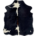 XS Black and White Cowhide: black with a large white spot on the shoulder and a couple smaller, white spots down the middle and on both hind shanks, and dark brown down part of the spine - 4'5" x 3'6" (XS491)