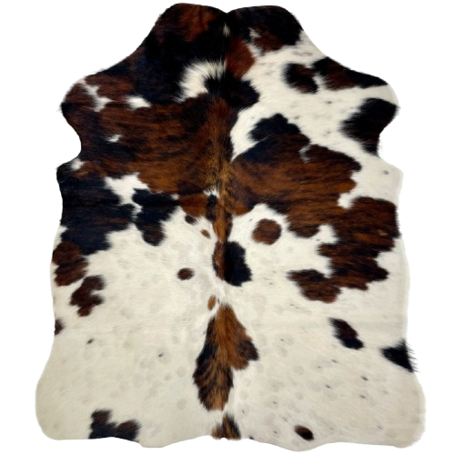 XS Tricolor Cowhide: ivory with a few black speckles, some faint, cloudy speckles, and large and small spots that have a brown and black, brindle pattern - 4'5" x 3'5" (XS492)