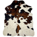 XS Tricolor Cowhide: ivory with a few black speckles, some faint, cloudy speckles, and large and small spots that have a brown and black, brindle pattern - 4'5" x 3'5" (XS492)