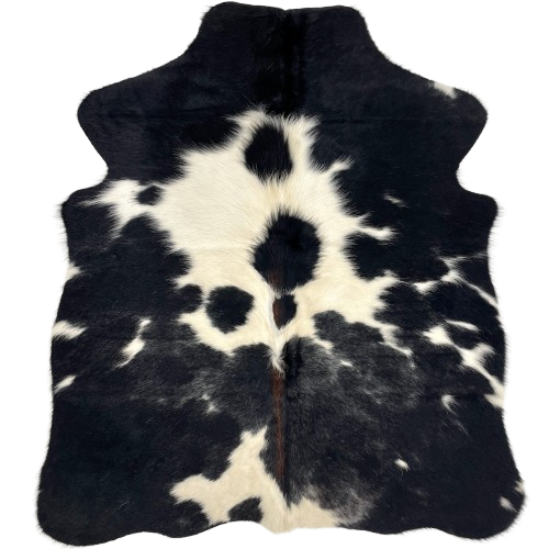 XS Black and White Cowhide: black with fine, white speckles, and it has large and small, ivory spots, and long hair in the middle of the hide, and dark brown down part of the spine - 4'4" x 3'7" (XS502)