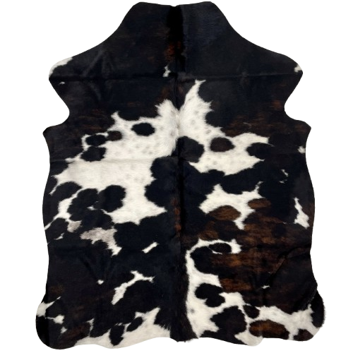 XS Dark Tricolor Cowhide: black, with some brown mixed in, and white spots that have black speckles - 4'4" x 3'5" (XS510)