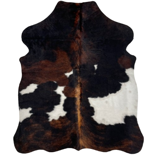 XS Dark Tricolor Cowhide: has a mix of black and brown, and small and large, white spots - 4'4" x 3'5" (XS511)