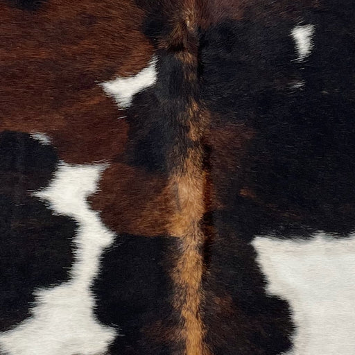 Closeup of this XS Dark Tricolor Cowhide, showing a mix of black and brown, and small and large, white spots (XS511)