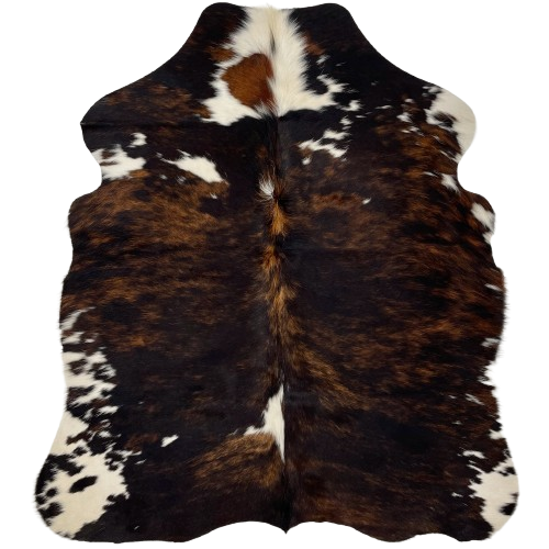 XS Tricolor Cowhide: black with brown, brindle markings and some small and large, white spots - 4'4" x 3'5" (XS521)