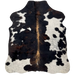 XS Tricolor Cowhide: has a mix of black and brown, and white spots that have black speckles and spots, and brown down the spine - 4'4" x 3'5" (XS526)