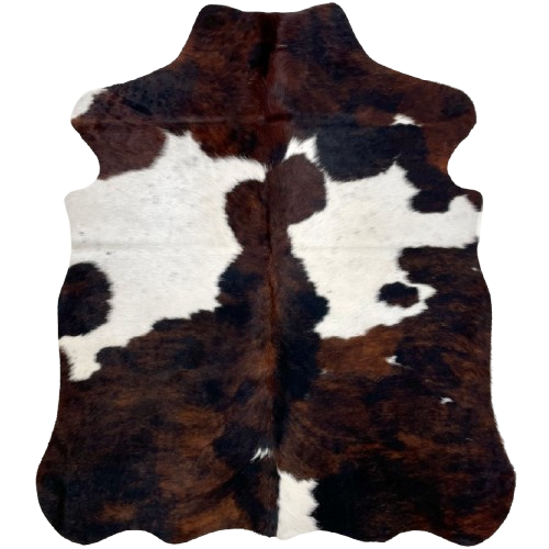 XS Tricolor Cowhide: has a black and brown, brindle pattern, a few small white spots, and two large white spots that have faint, black speckles - 4'5" x 3'5" (XS528)