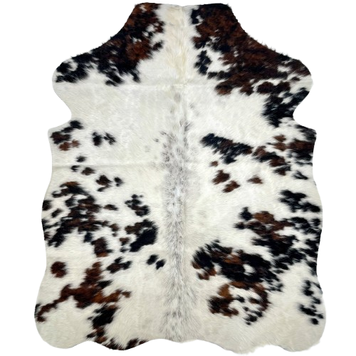 XS Tricolor Cowhide: off-white with spots that have a mix of black and dark brown, and small, faint, brown and black spots down the middle - 4'4" x 3'4" (XS529)