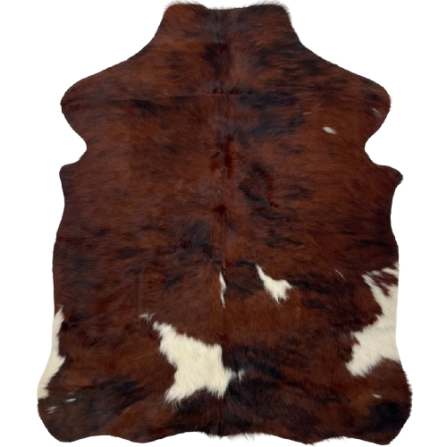 XS Tricolor Cowhide: has a dark brown and black, brindle pattern, and some small and large, white spots - 4'4" x 3'4" (XS535)