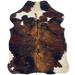 XS Tricolor Cowhide: has a black and brown, brindle pattern, and off-white spots, with black speckles, on the shoulder and hind shanks - 4'5" x 3'4" (XS536)