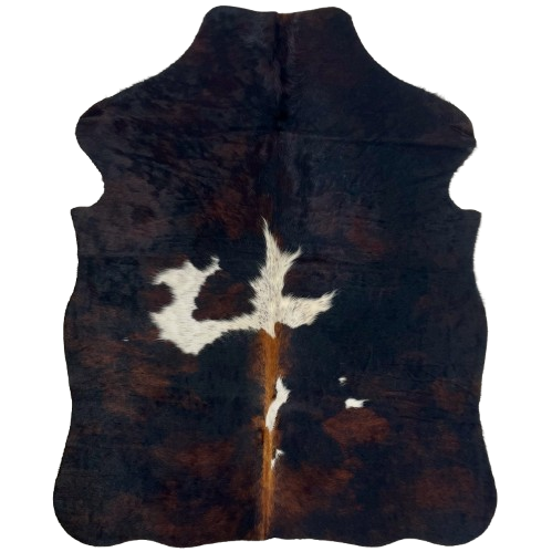 XS Dark Tricolor Cowhide: has a mix of black and dark reddish brown, a few small white spots with black speckles, and reddish brown down part of the spine - 4'5" x 3'4" (XS541)