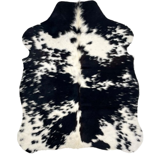 XS Black and White Speckled Cowhide: white with small and large, black spots, and faint cloudy speckles - 4'4" x 3'4" (XS549)