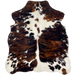 XS Tricolor Cowhide: has a reddish brown and black, brindle pattern with small and large, white spots - 4'5" x 3'3" (XS594)