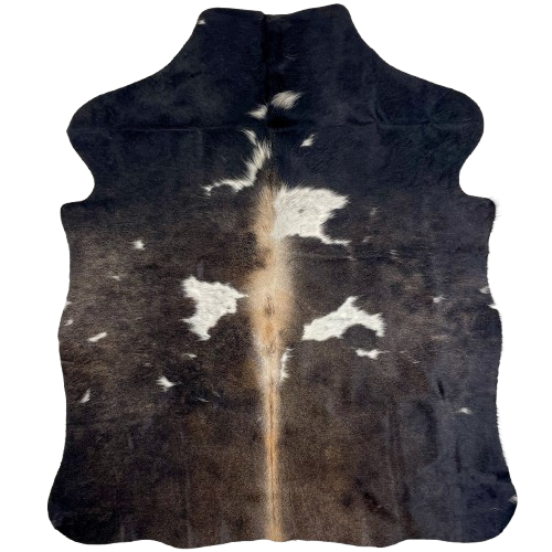 XS Black, Light Tan, White Cowhide: black with white spots and light tan down the spine and mixed in with the black across the middle - 4'4" x 3'6" (XS599)