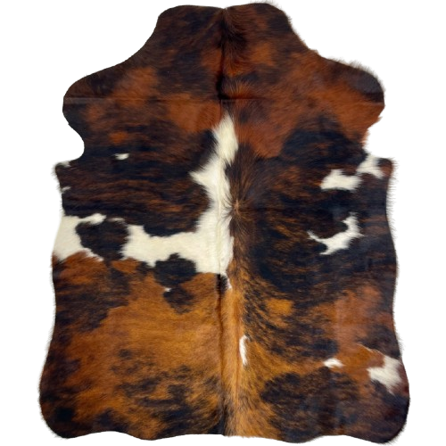 XS Tricolor Cowhide: has a reddish brown and black, brindle pattern, and a few large and small, white spots - 4'4" x 3'4" (XS600)