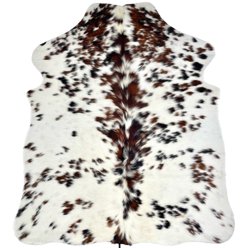 XS Tricolor Cowhide: white with brown and black spots, and longer hair down the spine - 4'4" x 3'5" (XS602)