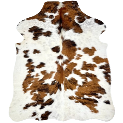 XS Tricolor Cowhide: white with faint, brown and black speckles, and large and small spots that have a mix of brown and black - 4'5" x 3'4" (XS604)