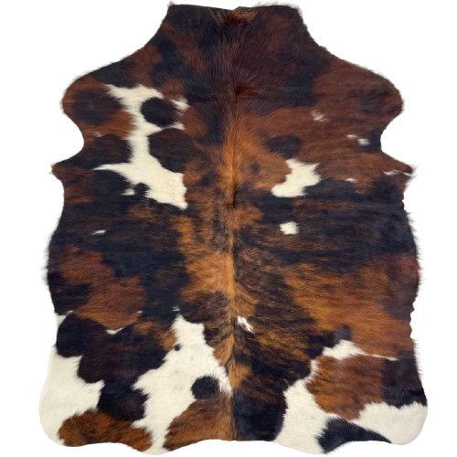 XS Tricolor Cowhide: has a mix of black and reddish brown, and a few small and large, off-white spots - 4'5" x 3'7" (XS606)