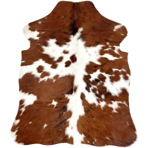 XS Tricolor Cowhide: white with some faint, brown spots, and large and small, brown spots, some with black, brindle markings - 4'5" x 3'3" (XS608)