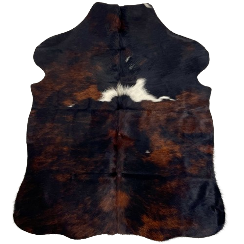 XS Tricolor Cowhide: has a mix of black and reddish brown and four small and one large, white spot - 4'6" x 3'4" (XS609)