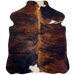XS Tricolor Cowhide: has a black and reddish brown, brindle pattern, and three white spots - 4'4" x 3'4" (XS612)