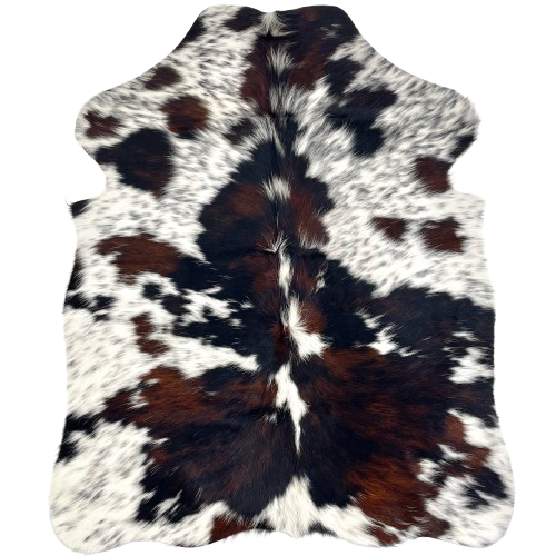 XS Tricolor Speckled Cowhide: white with black speckles, and large and small spots that have a mix of black and dark brown - 4'5" x 3'4" (XS613)